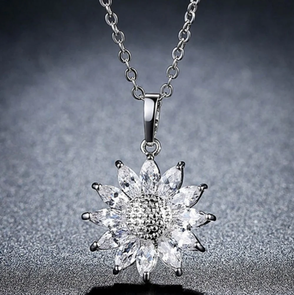 Dainty Sunflower Pendant Necklace Silver Tone